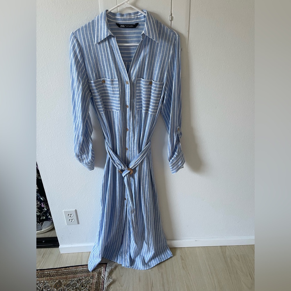 Zara women’s Blue Dress belted, long sleeve  White stripe long Dress shirt Small - Picture 2 of 12